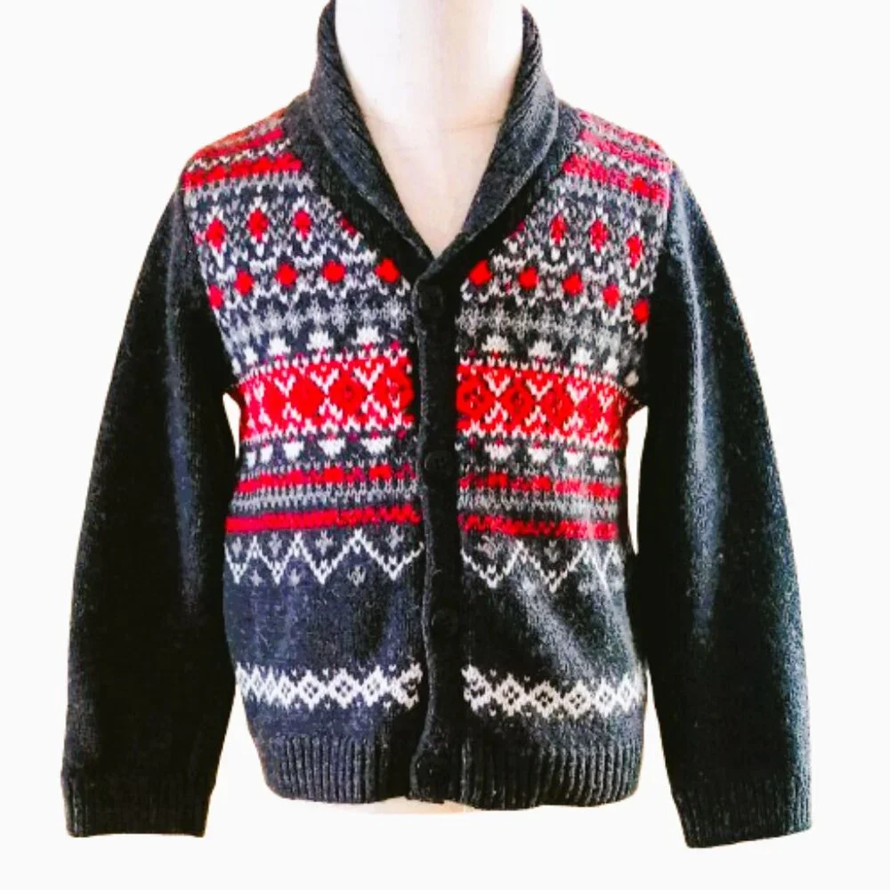 Oshkosh B'gosh Fairisle Cardigan Sweater 24M Gray and Red Shawl Collar